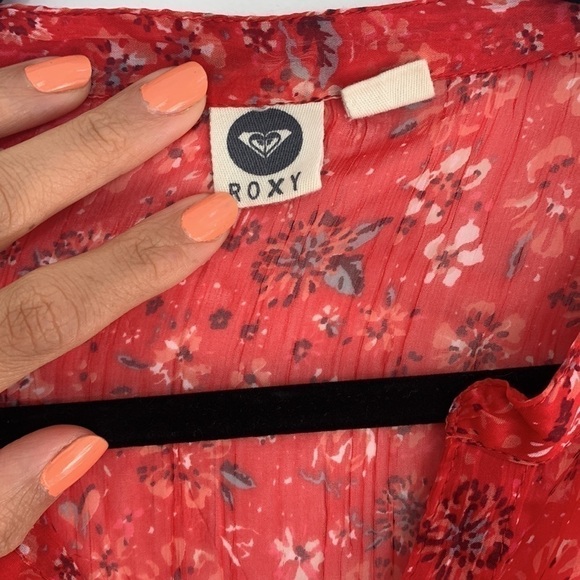 ROXY | Red Floral Sheer Long Sleeve Blouse Size XS - Picture 2 of 5